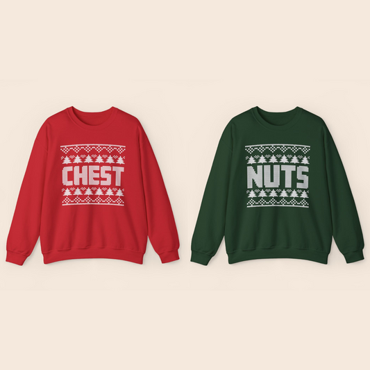 Inappropriate Couple's Ugly Christmas Sweater - Chest / Nuts Crewneck Sweatshirt