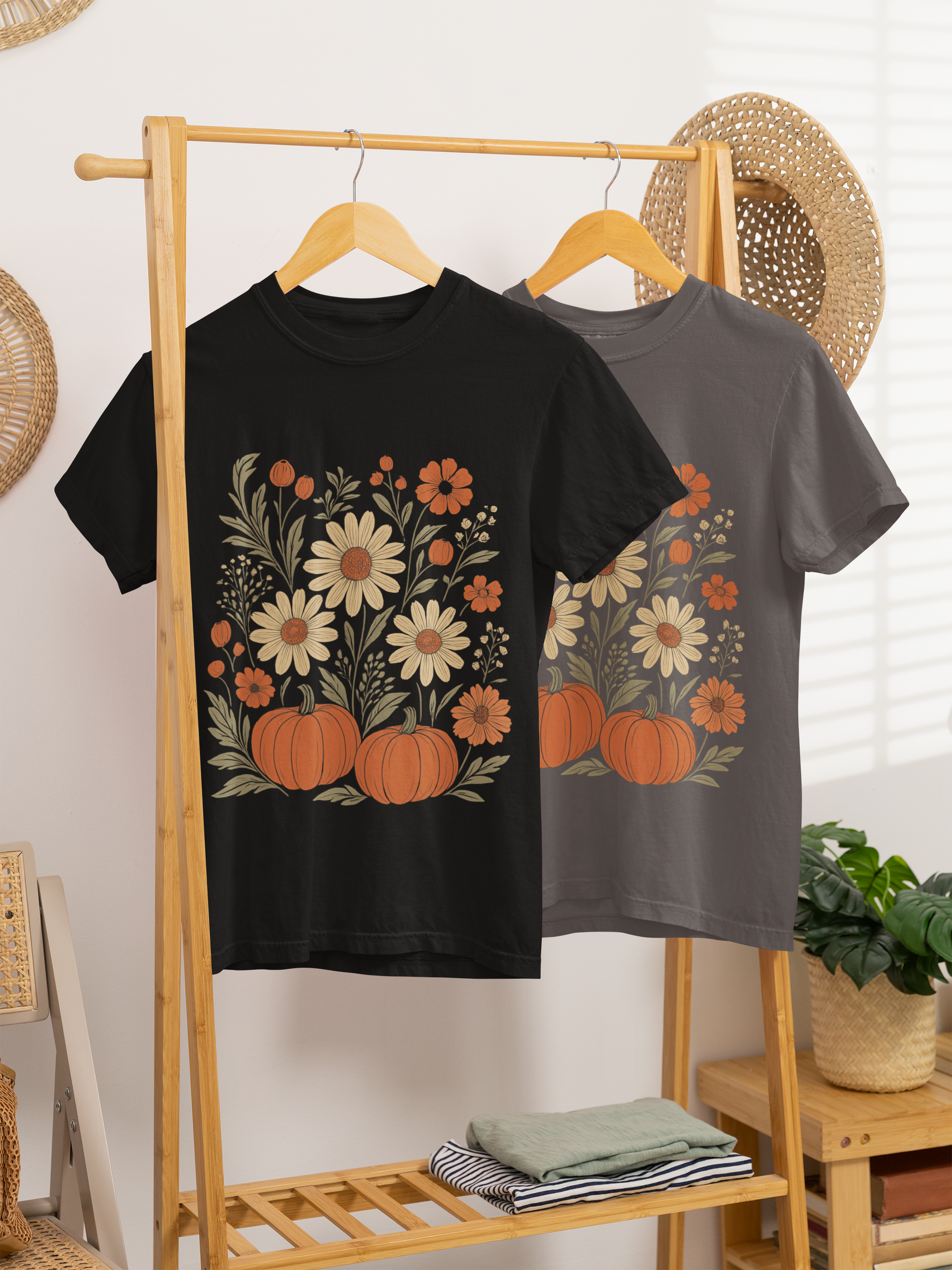 Black and gray t-shirts with floral and pumpkin design hanging on a wooden rack.