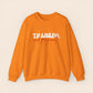 An orange crewneck sweatshirt with the text 'THANKFUL AND PREGNANT' printed.