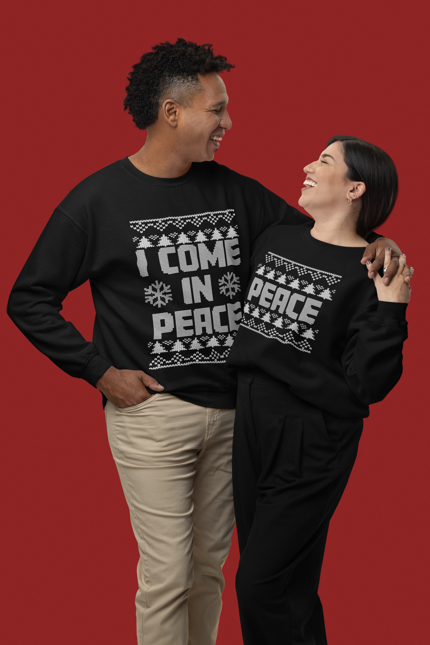 Inappropriate Couple's Ugly Christmas Sweater - I Come in Peace / Peace Crewneck Sweatshirt