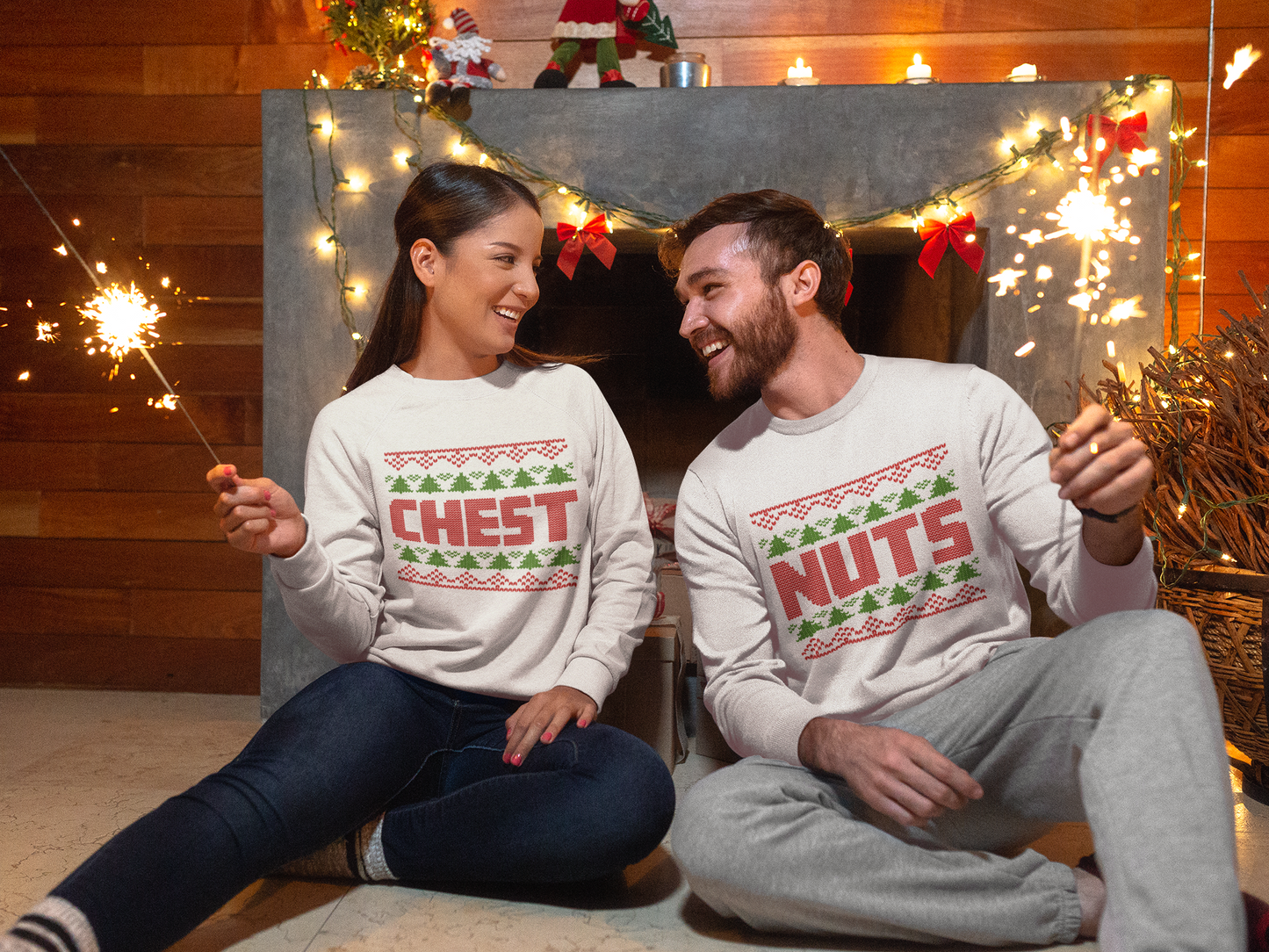 Inappropriate Couple's Ugly Christmas Sweater - Chest / Nuts Crewneck Sweatshirt