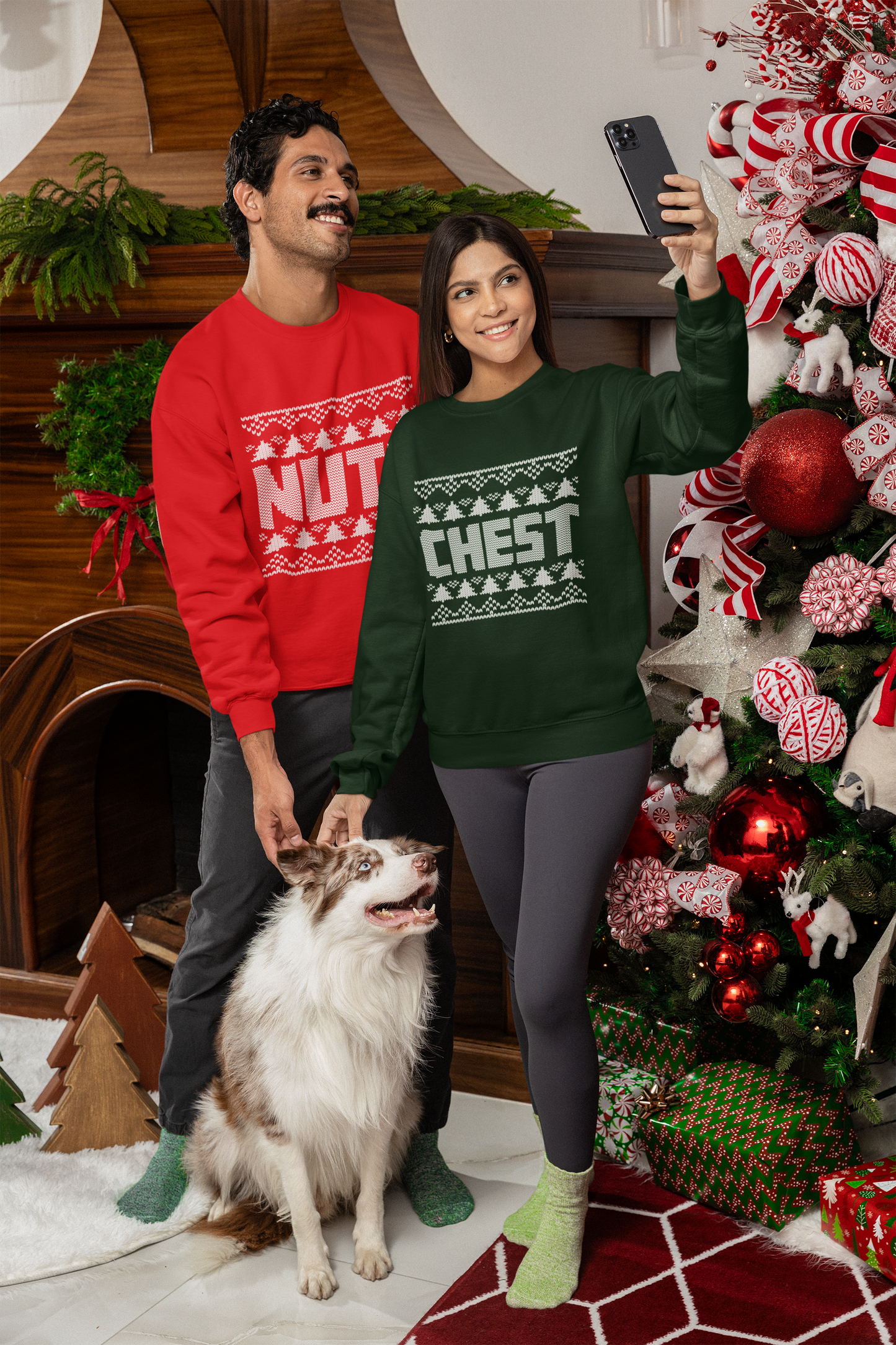 Inappropriate Couple's Ugly Christmas Sweater - Chest / Nuts Crewneck Sweatshirt