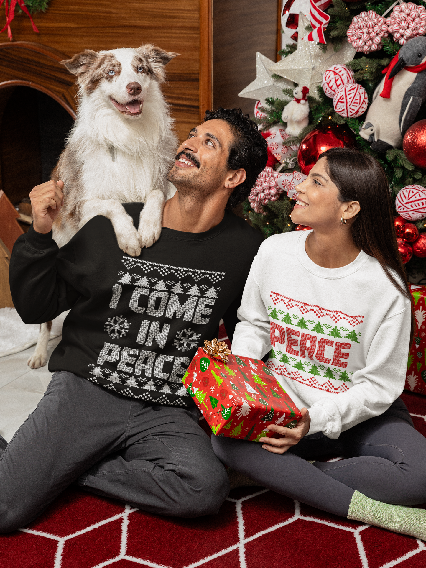 Inappropriate Couple's Ugly Christmas Sweater - I Come in Peace / Peace Crewneck Sweatshirt